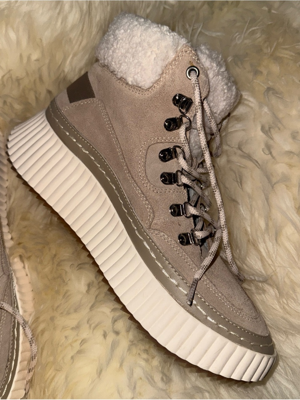Suede Lace-Up Platform Ankle Boot with Faux Shearling Collar - Taupe